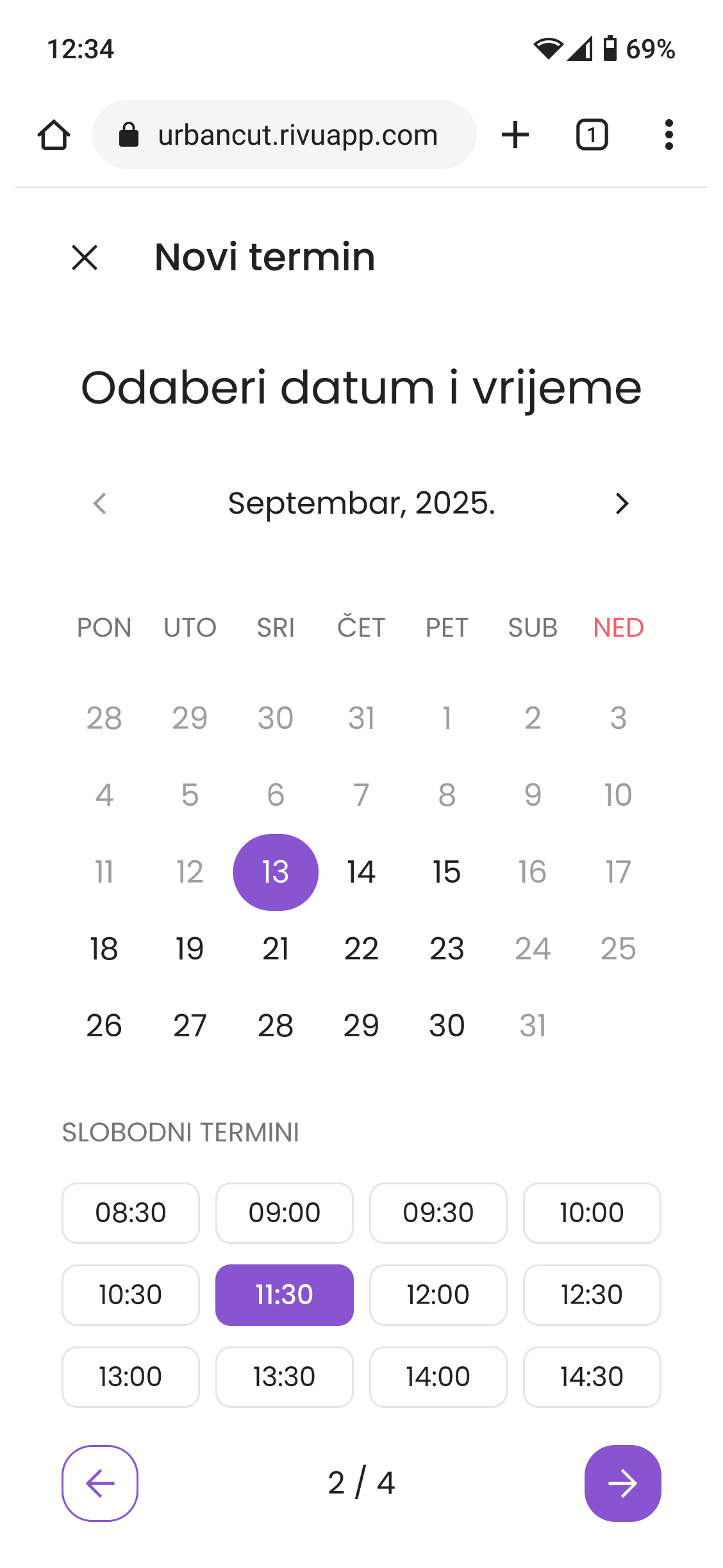 Odabir datuma i vremena na stranici za zakazivanje