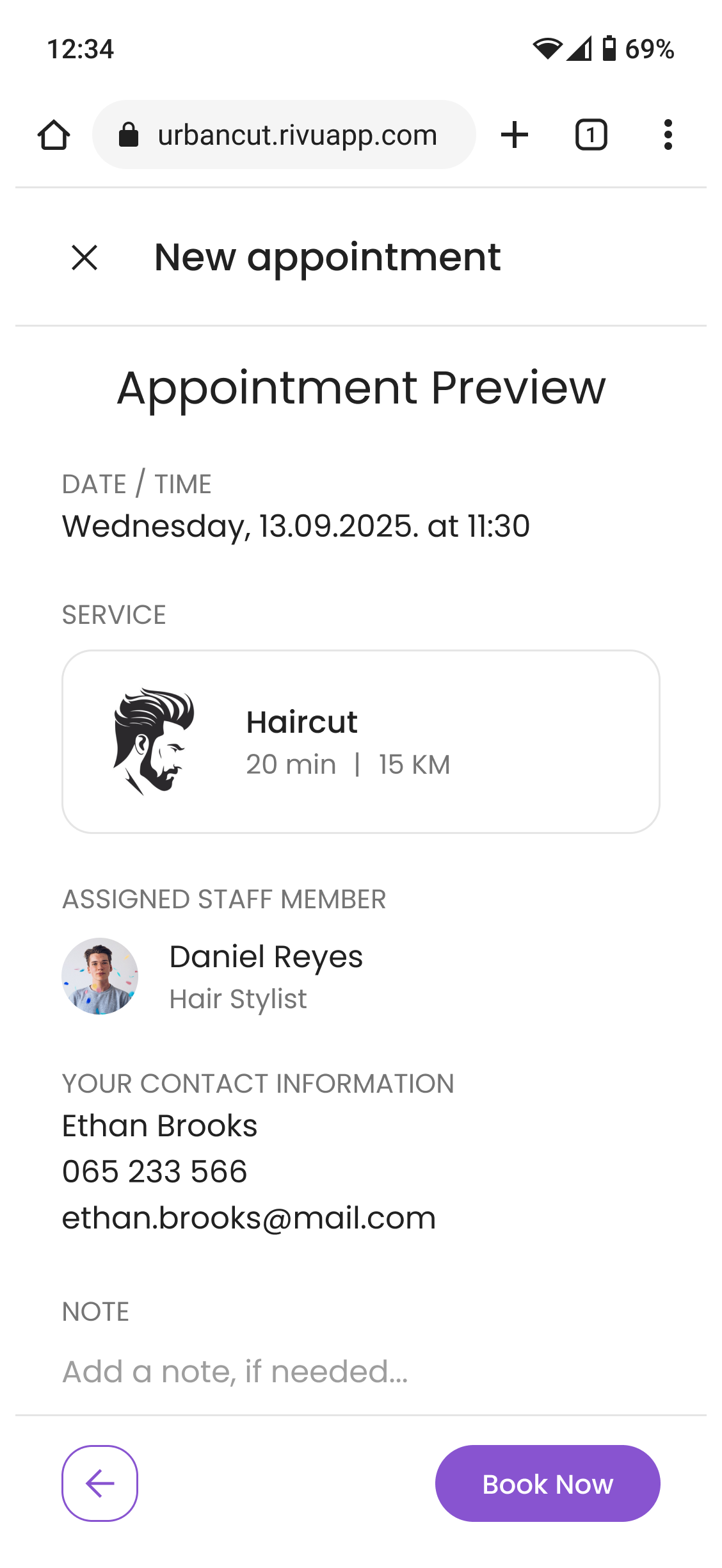 Contact on the booking page